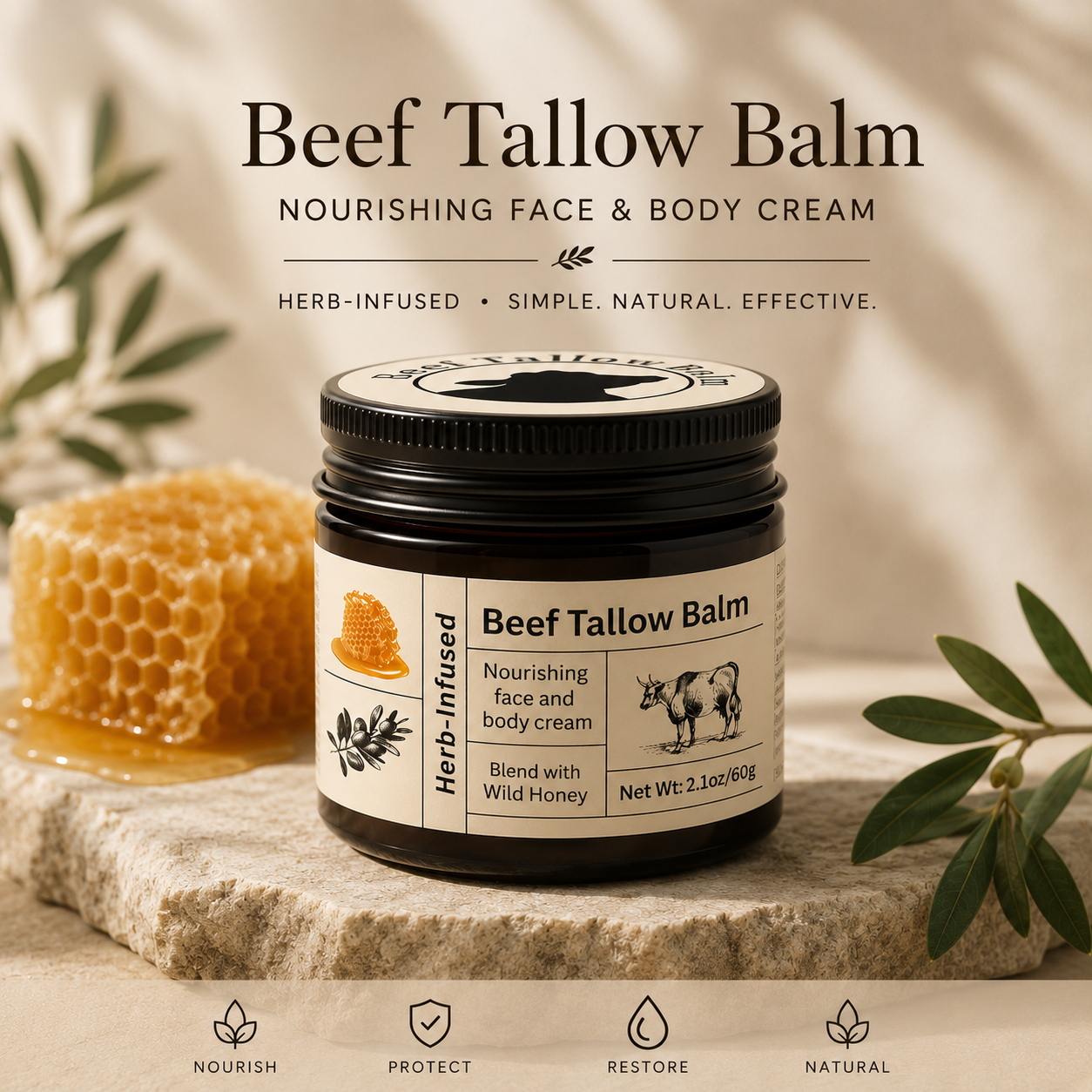 Even Glow Tallow Honey Balm – Grass-Fed Collagen Moisturizer for Face & Body