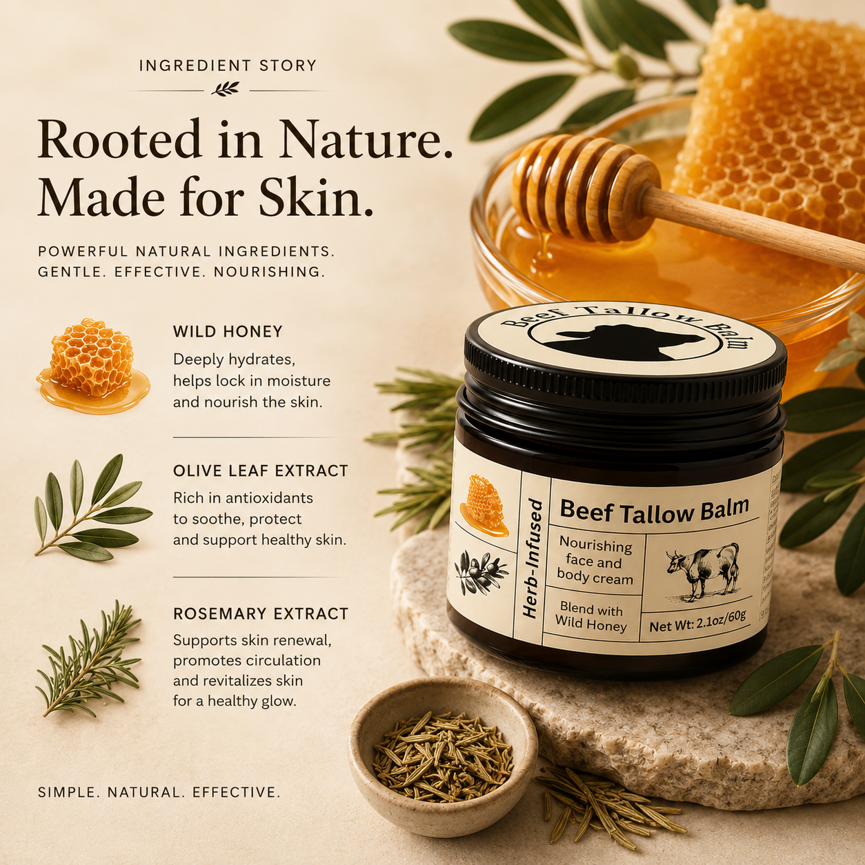 Even Glow Tallow Honey Balm – Grass-Fed Collagen Moisturizer for Face & Body